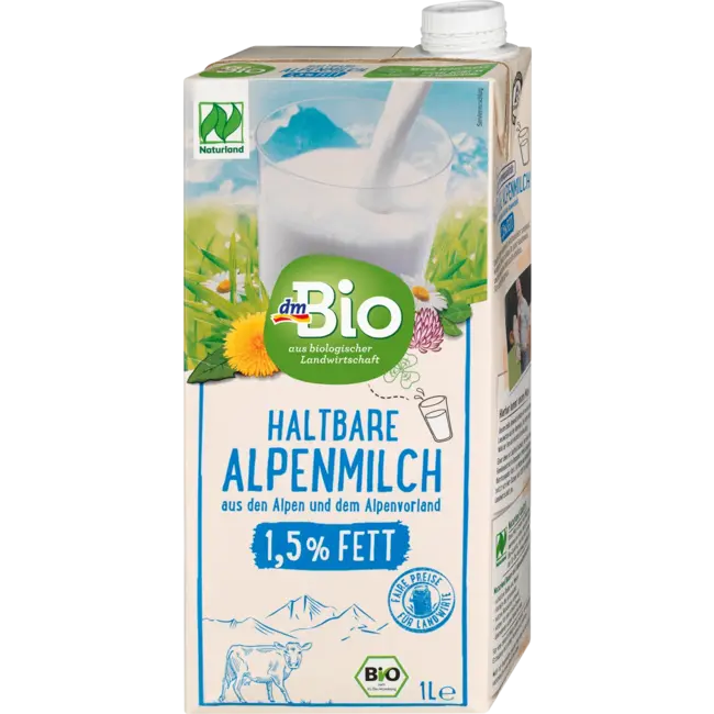 dmBio Melk, Houdbare Alpenmelk 1,5% Vet, Naturland 1 l