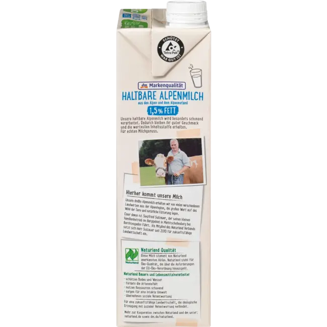 dmBio Melk, Houdbare Alpenmelk 1,5% Vet, Naturland 1 l