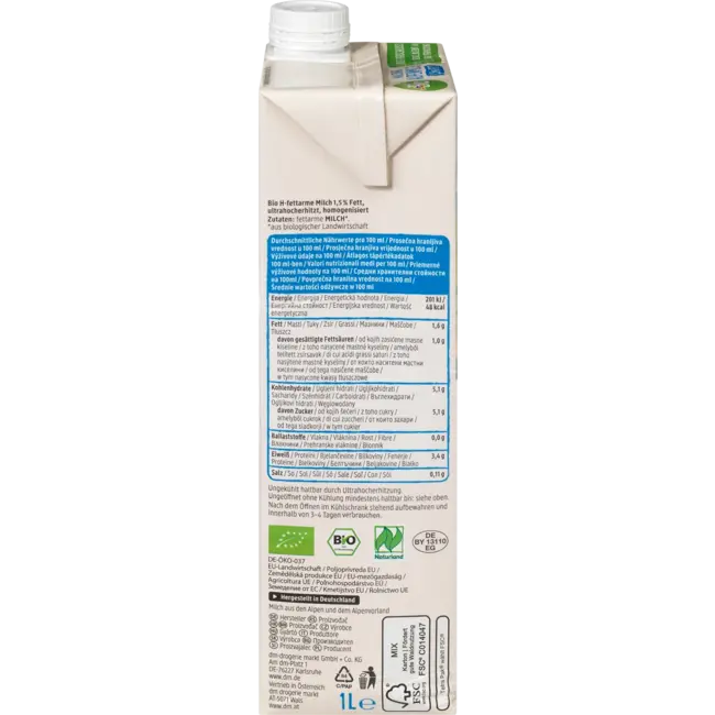 dmBio Melk, Houdbare Alpenmelk 1,5% Vet, Naturland 1 l