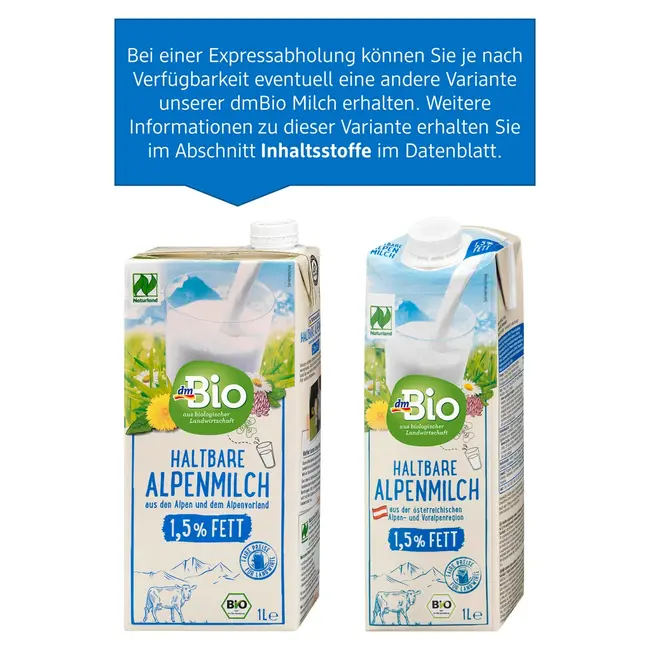 dmBio Melk, Houdbare Alpenmelk 1,5% Vet, Naturland 1 l