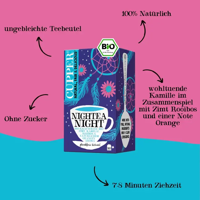 Cupper Bio Kruidenthee Nightea Night Met Kaneel, Kamille, Rooisbos, Sinaasappel (20 Zakjes) 40 g
