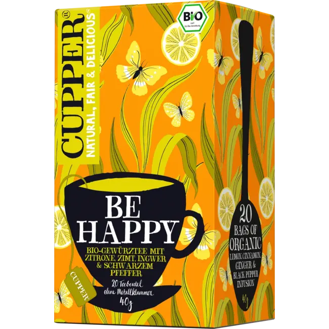 Cupper Bio Kruidenthee Be Happy Met Citroen, Kaneel, Gember, Zwarte Peper (20 Zakjes) 40 g
