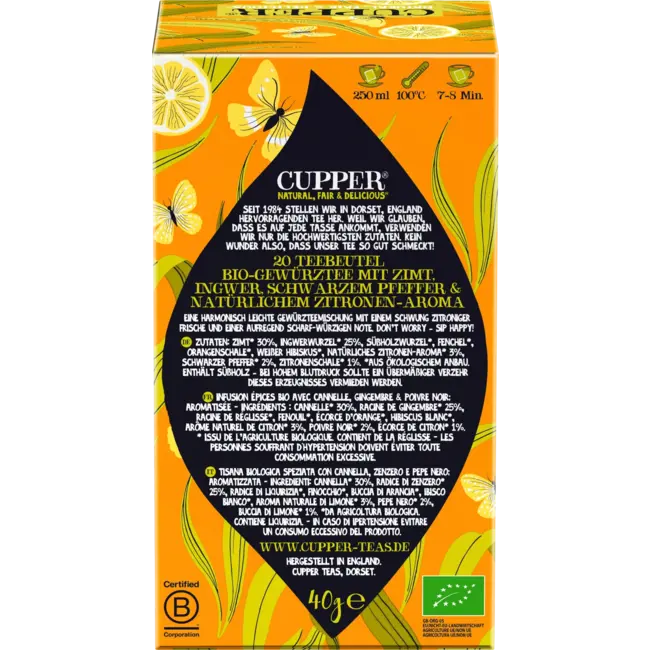 Cupper Bio Kruidenthee Be Happy Met Citroen, Kaneel, Gember, Zwarte Peper (20 Zakjes) 40 g