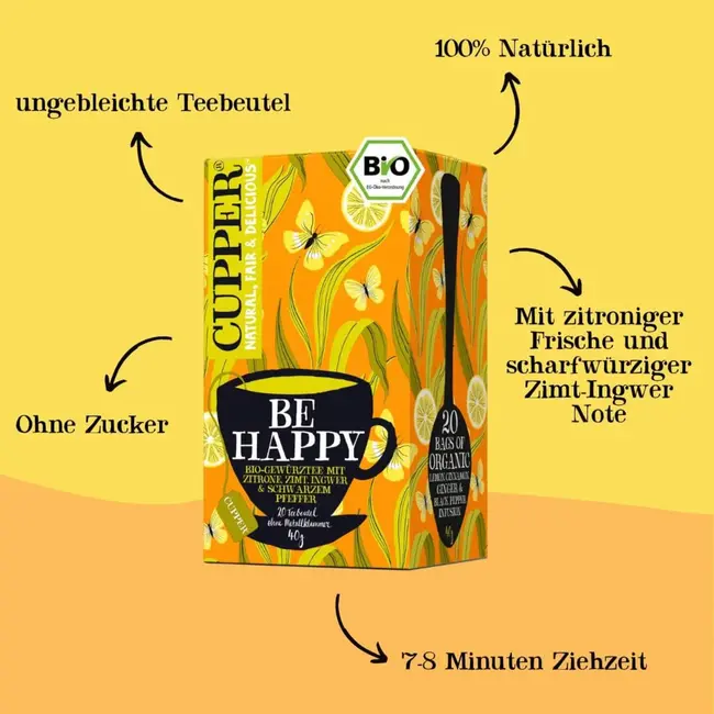 Cupper Bio Kruidenthee Be Happy Met Citroen, Kaneel, Gember, Zwarte Peper (20 Zakjes) 40 g