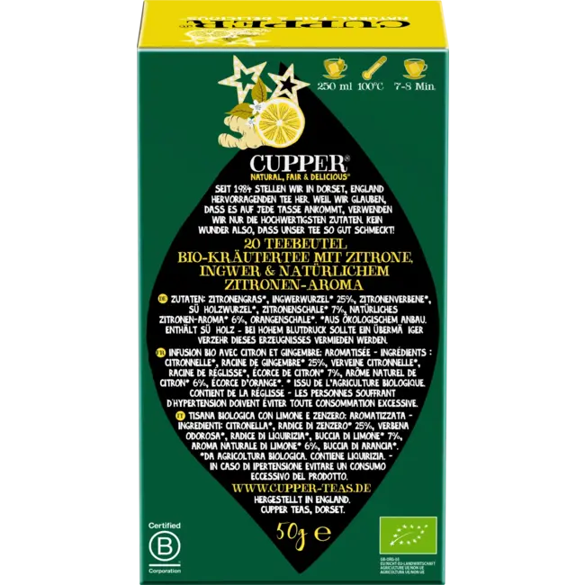 Cupper Bio Kruidenthee Superstar Lemon & Ginger Infusion (20 Zakjes) 50 g