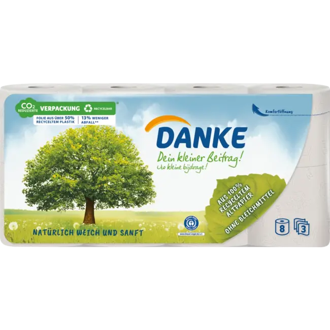 Danke Toilettenpapier Recycling 3-lagig (8x150 Blatt) 8 St