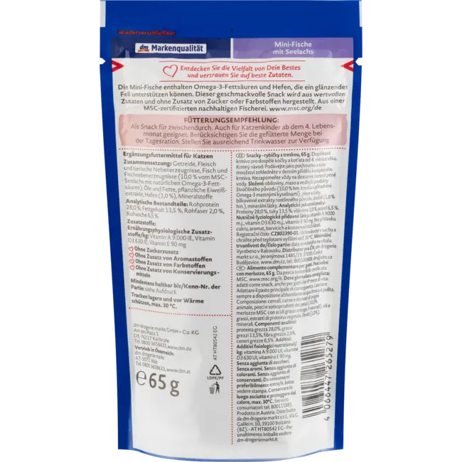 Dein Bestes Kattensnoepjes Mini Vis Met Koolvis & Omega-3 Vetzuren, MSC Gecertificeerd 65 g