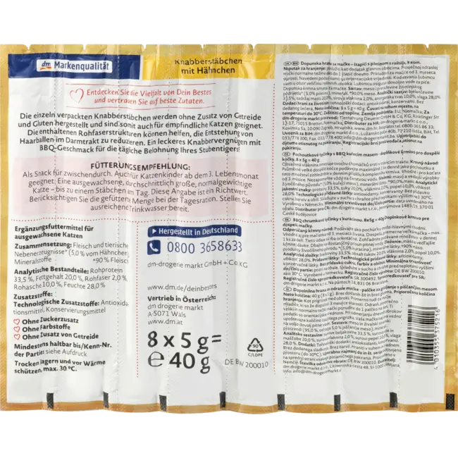 Dein Bestes BBQ Kattensnoepjes, Knabbelstaafjes Met Kip, BBQ (8 Stuks) 40 g