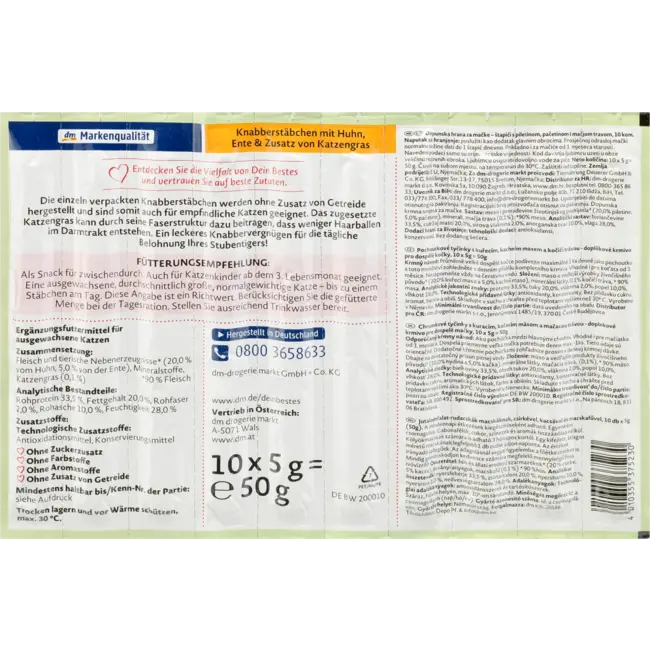 Dein Bestes Kattensnack Knabbelstaafjes Met Kip, Eend & Kattengras (10 Stuks) 50 g