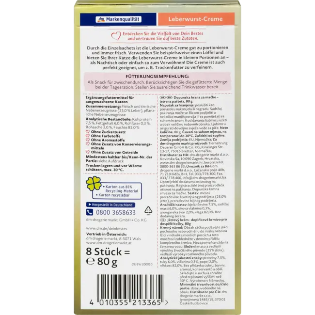 Dein Bestes Kattensnack Leverworstcrème Met Lever 8 Stuks 80 g