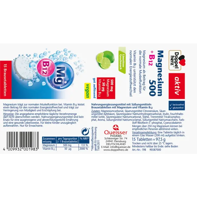 Doppelherz Magnesium 500 + B12 Brausetabletten 15 Stuks 97.5 g