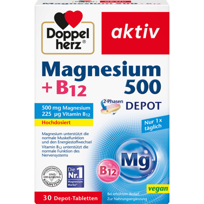 Doppelherz Magnesium 500 + B12 2-fasen Depot Tabletten 30 St 51 g