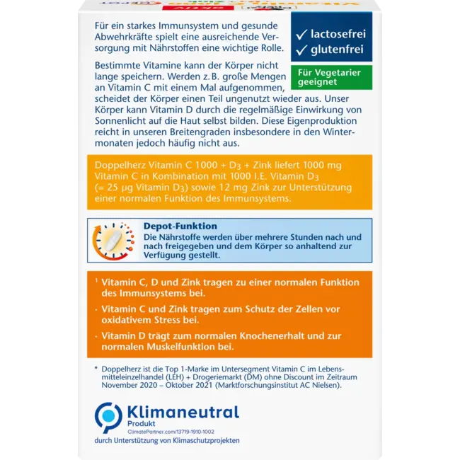 Doppelherz Vitamine C 1000 + D3 + Zink Depot Tabletten 30 Stuks 42.9 g