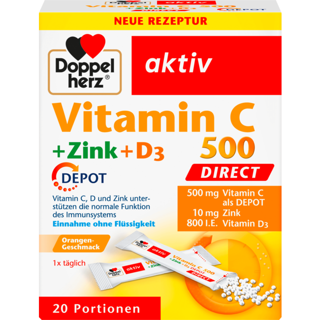 Doppelherz Vitamine C 500 + Zink + D3-depot Direct Granulaat 20 St 32 g