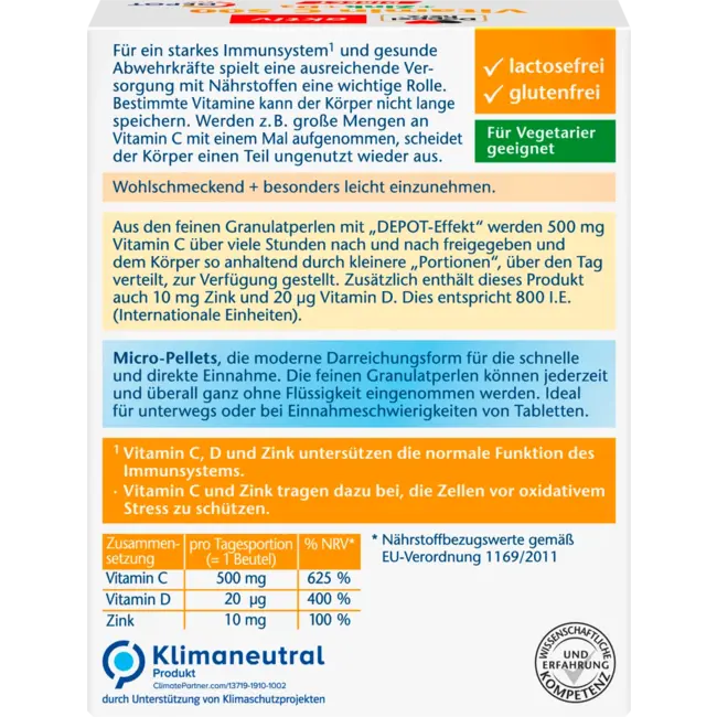Doppelherz Vitamine C 500 + Zink + D3-depot Direct Granulaat 20 St 32 g