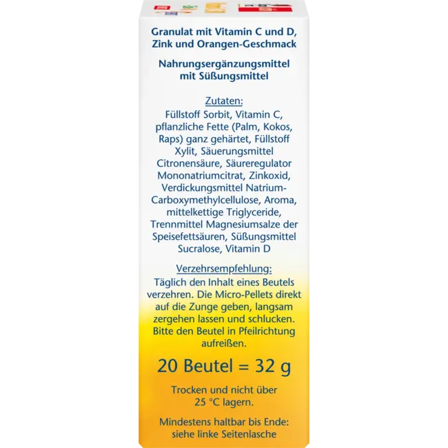 Doppelherz Vitamine C 500 + Zink + D3-depot Direct Granulaat 20 St 32 g