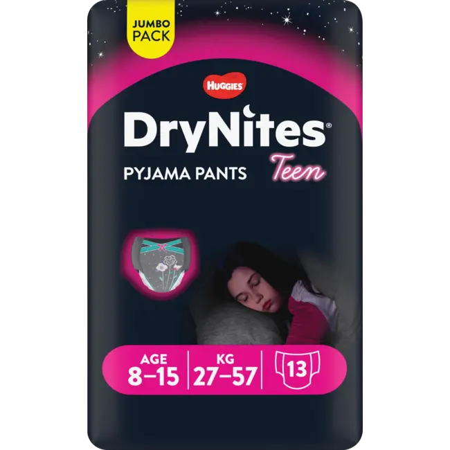 DryNites Pyjamabroek Meisjes 8-15 Jaar, Jumbopack 13 St