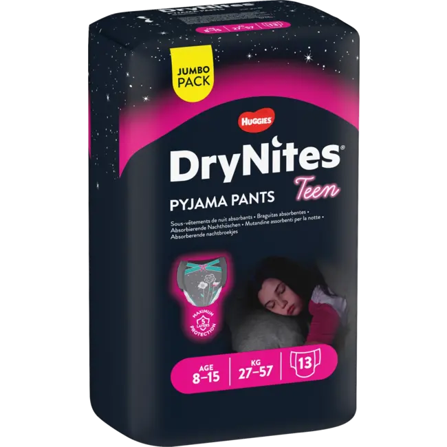 DryNites Pyjamabroek Meisjes 8-15 Jaar, Jumbopack 13 St