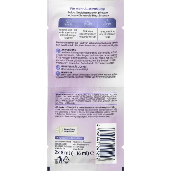 Balea Gezichtsmasker Klei (2x8 Ml) 16 ml