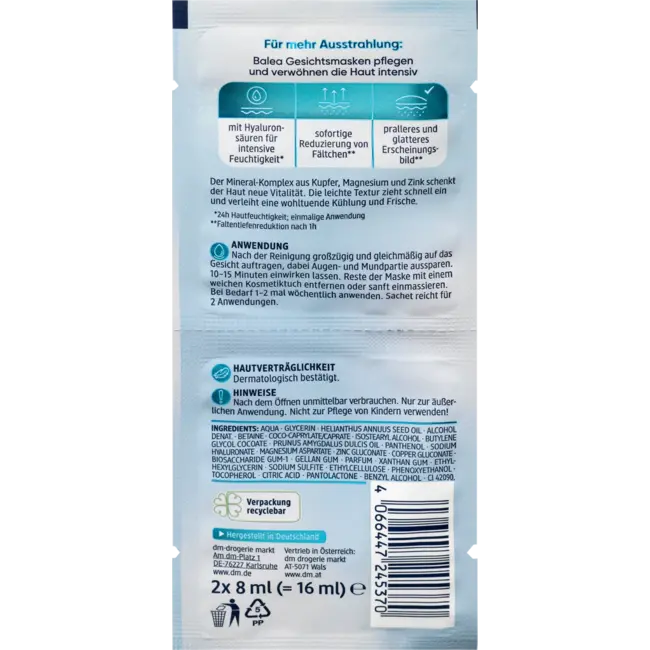 Balea Gezichtsmasker Hyaluron (2x8 Ml) 16 ml