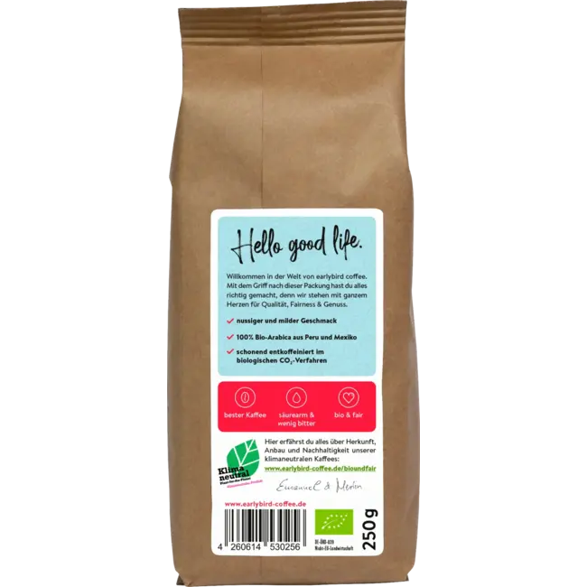 earlybird coffee Koffie, Gemalen, Cafeïnevrij 250 g