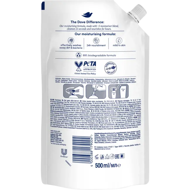 Dove Vloeibare Zeep, Verzorgende Handwaslotion, Navulverpakking 500 ml