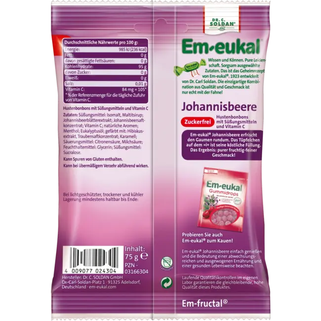 Em-eukal Bonbon, Aalbes Gevuld, Suikervrij 75 g