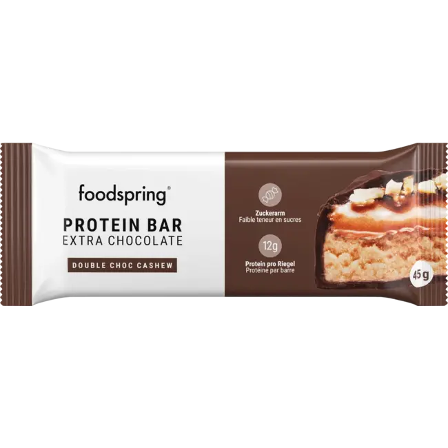 foodspring Proteinriegel Extra Chocolade, Double Choc Cashew 45 g