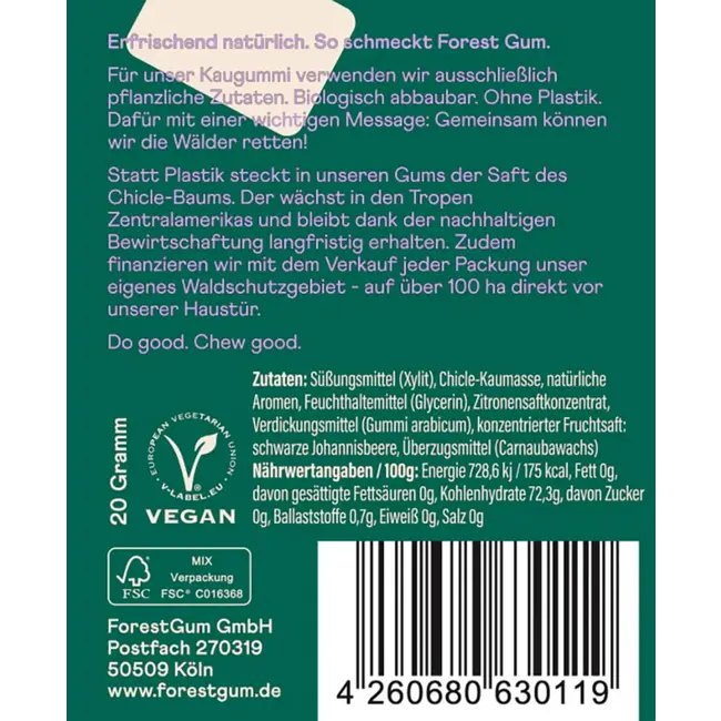 Forest GUM Kauwgom Cassis Munt, Suikervrij 20g 10 St