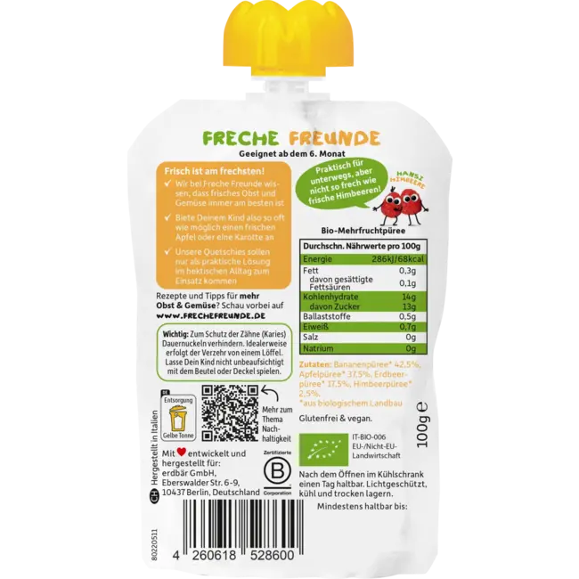 Freche Freunde Quetschie Banaan, Appel, Aardbei & Framboos Vanaf 6 Maanden 100 g