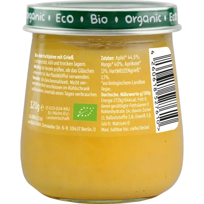 Freche Freunde Fruit & Granen Appel, Mango, Abrikoos Met Griesmeel Vanaf De 6e Maand 120 g