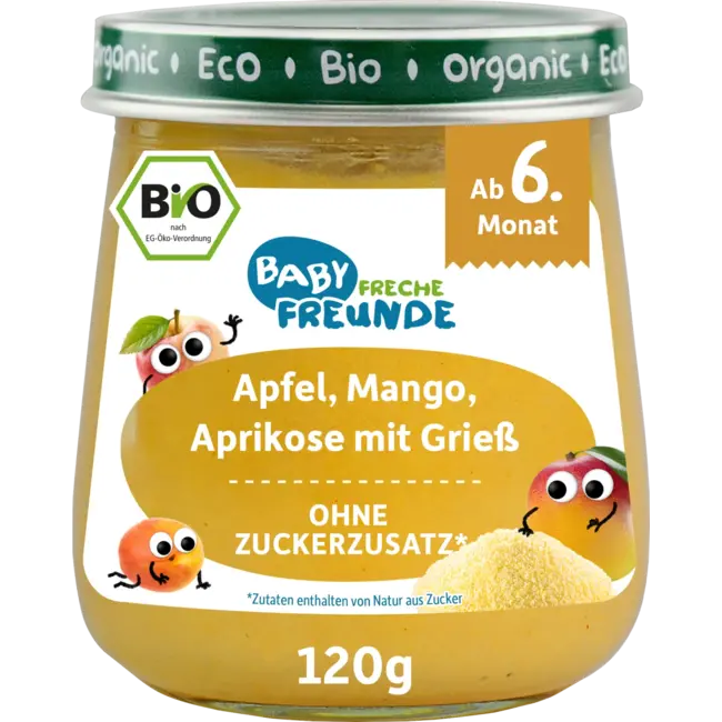 Freche Freunde Fruit & Granen Appel, Mango, Abrikoos Met Griesmeel Vanaf De 6e Maand 120 g