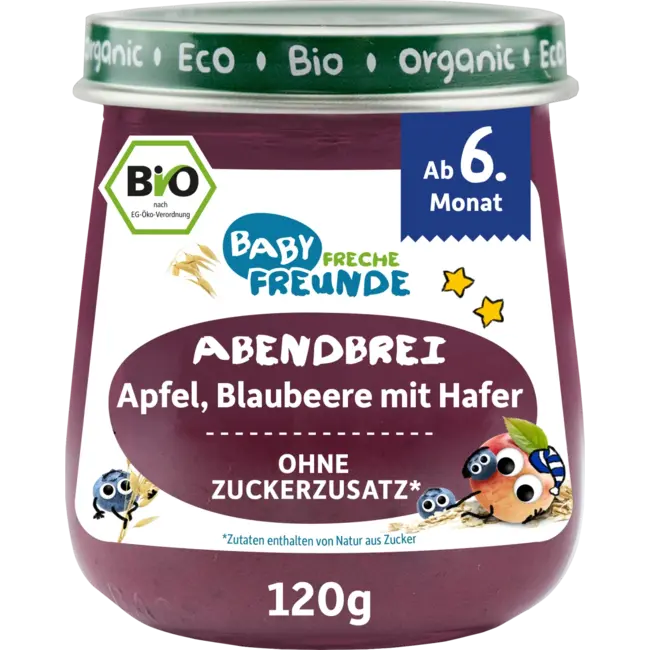 Freche Freunde Avondpap Appel, Bosbes Met Haver, Vanaf De 6e Maand 120 g