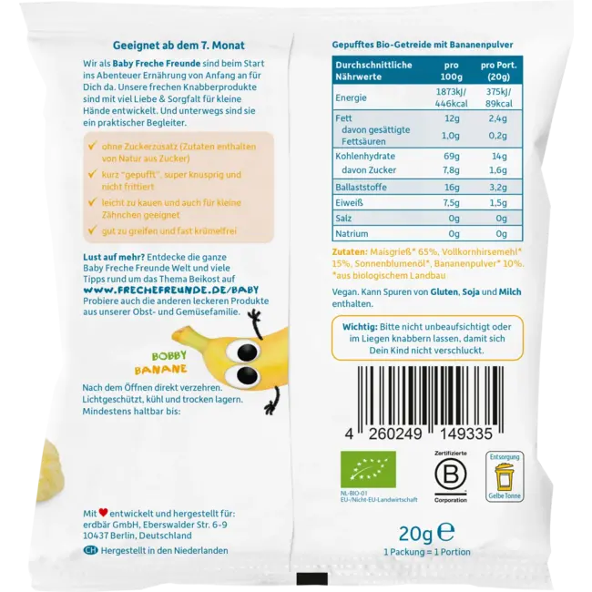 Freche Freunde Babysnack Knusper-ringe Hirse & Banane, Ab 7 Monaten, 20g 20 g