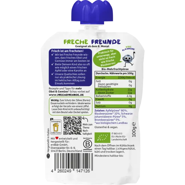 Freche Freunde Quetschie 100% Appel, Bosbes, Aalbes & Braambes Vanaf 1 Jaar 100 g