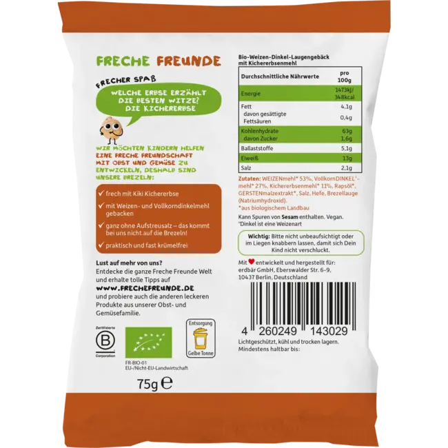 Freche Freunde Kindersnack Ondeugende Pretzels Kikkererwten 75 g