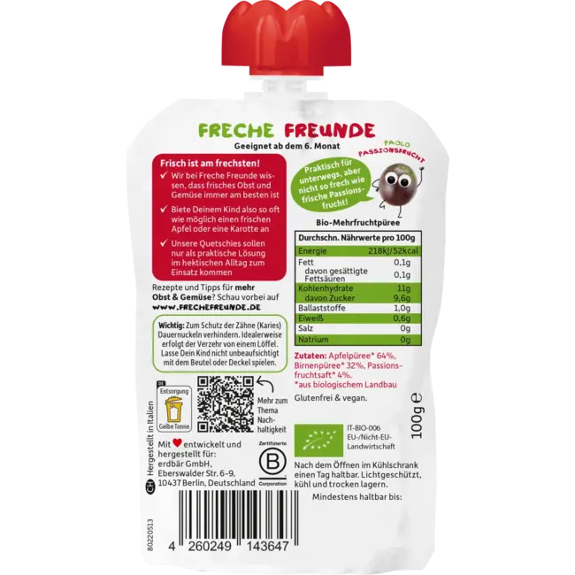Freche Freunde Quetschie 100% Appel, Peer & Passievrucht Vanaf 1 Jaar 100 g