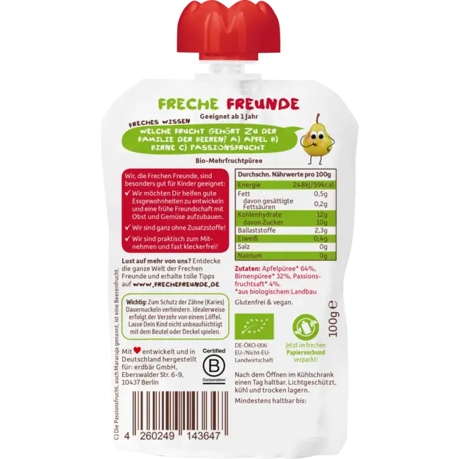 Freche Freunde Quetschie 100% Appel, Peer & Passievrucht Vanaf 1 Jaar 100 g