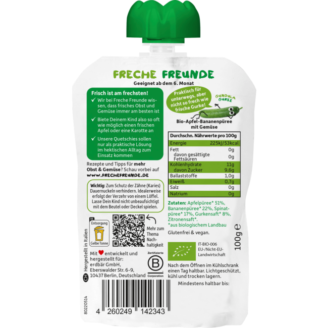 Freche Freunde Knijp 100% Appel, Banaan, Spinazie & Komkommer Vanaf 1 Jaar 100 g