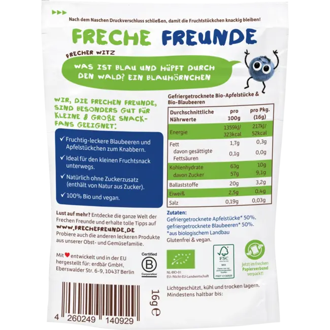 Freche Freunde Kindersnack Fruitchips Appel Bosbes, Vanaf 3 Jaar 16 g