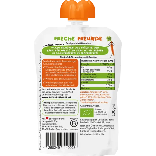 Freche Freunde Knijp 100% Appel, Peer, Wortel & Pompoen Vanaf 1 Jaar 100 g