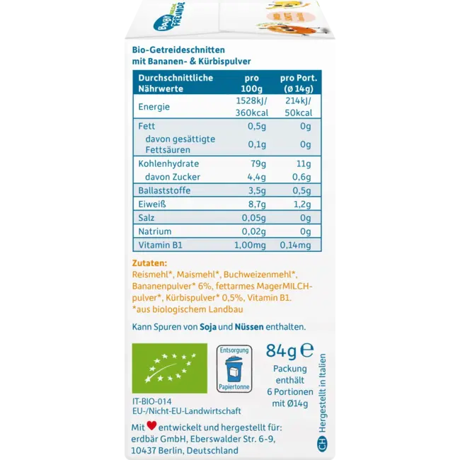 Freche Freunde Babysnack Krokant Gesneden Banaan & Pompoen Vanaf De 8e Maand, 6x14g 84 g