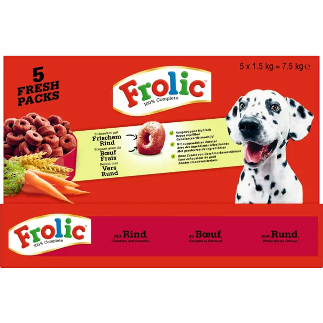 Frolic Droogvoer Hond Met Rundvlees, Wortelen & Granen, Complete (5x1,5 Kg) 7.5 kg