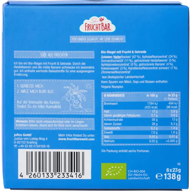 FruchtBar Fruitreep bosbessen-banaanhaver vanaf 12 maanden (6x23 g) 138 g