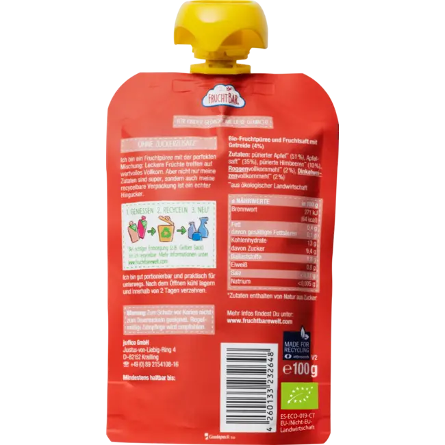 FruchtBar Pers framboos, appel, volkoren vanaf 6 maanden 100 g