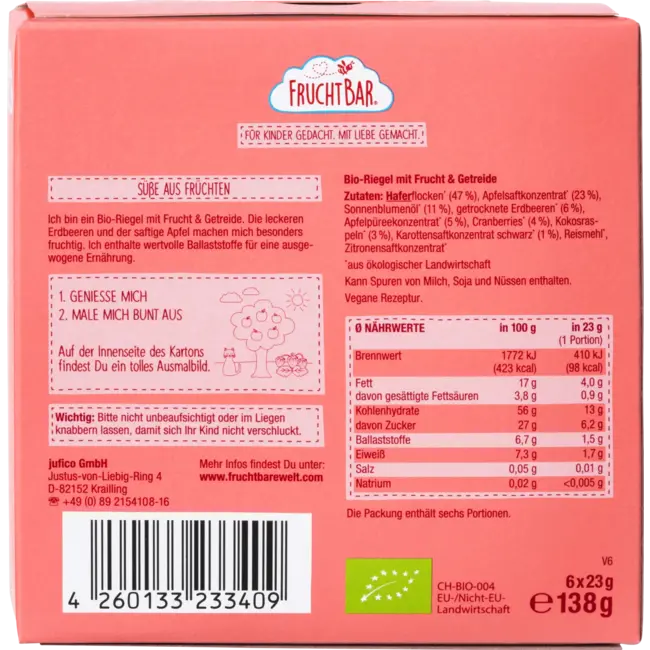 FruchtBar Fruitreep aardbei, appel, haver vanaf 12 maanden (6x23 g) 138 g