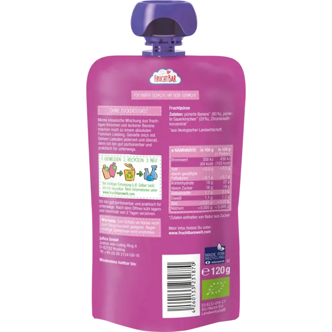 FruchtBar Knijp kersenbanaan vanaf 6 maanden 120 g