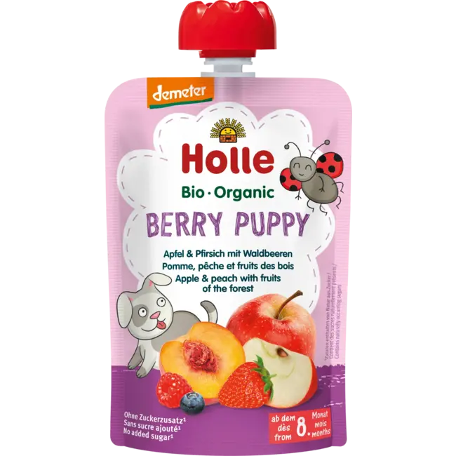 Holle baby food Knijpfruit Berry Puppy, Appel & Perzik Met Bosbessen Vanaf 8 Maanden 100 g