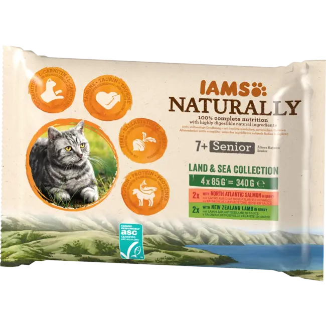 IAMS Natvoer Katten Lachs & Lamm Naturally Mix, Senior Multipack (4x85 G) 340 g