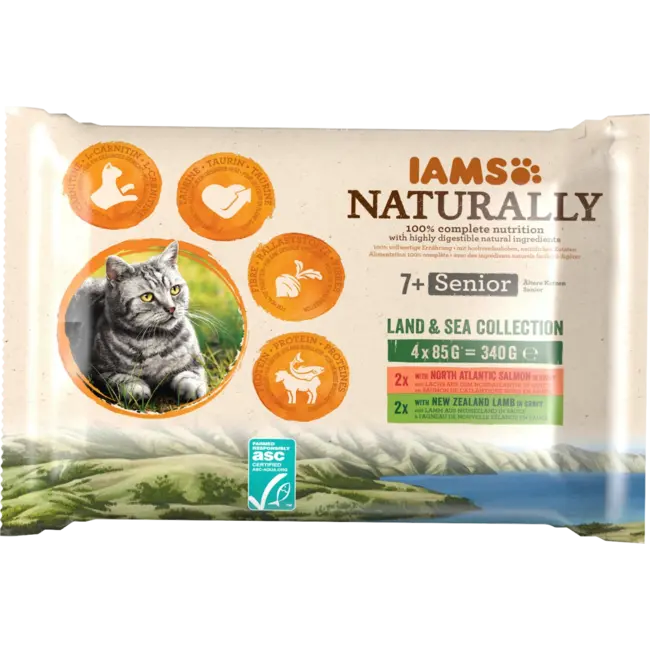 IAMS Natvoer Katten Lachs & Lamm Naturally Mix, Senior Multipack (4x85 G) 340 g
